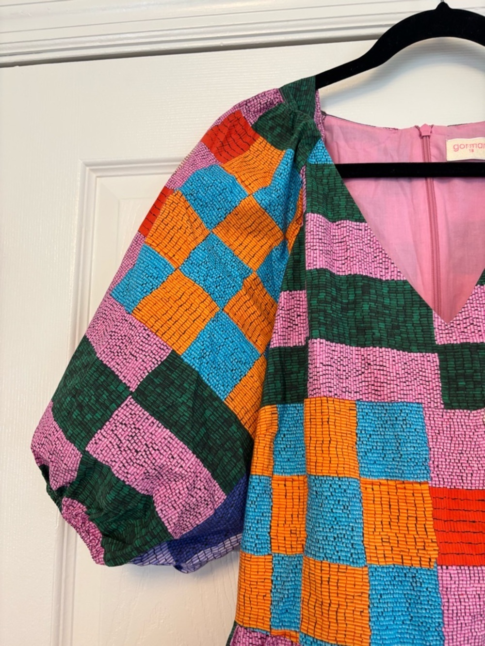 Gorman Patchwork Geometric Organic Cotton Mini Dress Size 18 Puff Sleeve Dress - Picture 9 of 13